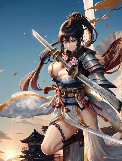 (Japanese women)、(Warrior Princess)、(Goddess of War)、(Black Hair)、(ponytail)、(Old Japanese Armor)、((Holding the Japan sword))、(True to prompts)、(Deluxe)、(Glaring with sharp eyes)、(unrealistic, Oversized breasts),(battlefield)、(grassland)、((A large number o...