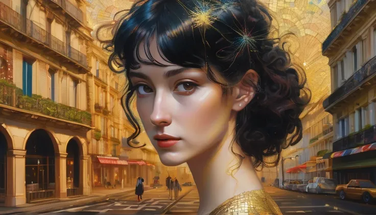 Marie Anne lenormand, white woman with black curly hair, caminando sobre las calles de París del siglo 18, muchas personas a su alrededor,Beautiful line art photo，Use gold strokes and rainbow paint，Golden Maiden，the golden ratio，Melted wax，Visible brush st...