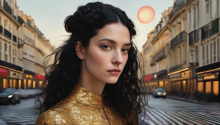 Marie Anne lenormand, white woman with black curly hair, caminando sobre las calles de París del siglo 18, muchas personas a su alrededor,Beautiful line art photo，Use gold strokes and rainbow paint，Golden Maiden，the golden ratio，Melted wax，Visible brush st...