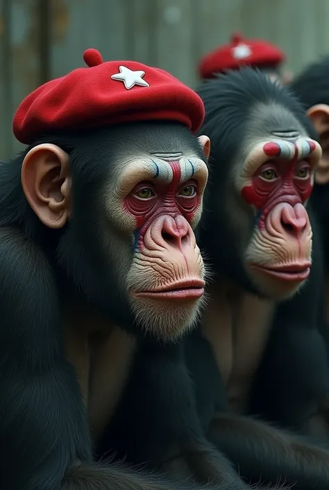 Group of apes, with a face painted as a clown, sad face, crying, with a red beret with a white star.