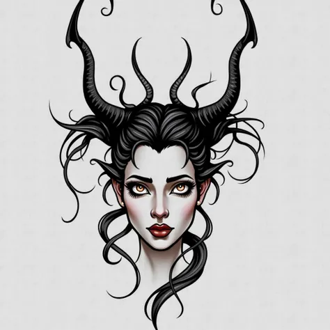 Demon Woman with Delicate Features: The head is clearly that of a woman, with soft, feminine features, such as large, expressive eyes, well-defined lips, and a delicate chin.

Simple Horns: She has two small, smooth, unadorned horns that protrude naturally...