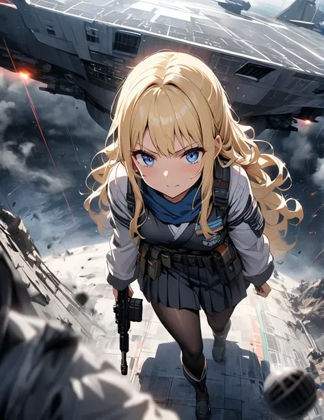 (anime)、(masterpiece:1.2),Atmospheric perspective,Lens flare、Fog of Battlefield、Death Star, Makes the world look grey、When it rains, The female soldier is crouching.。With an irritated look on his face, he vows revenge..。Rain-soaked hair、blonde、blue eyes、Sp...