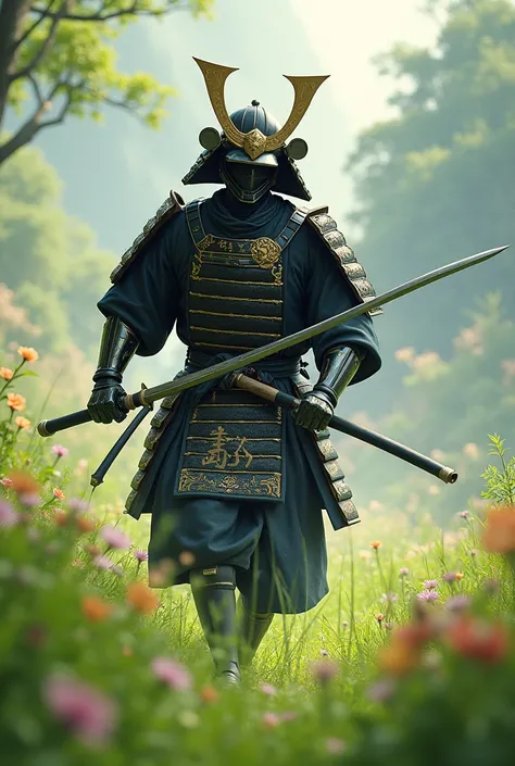 Generate me an image of a samurai with a naginata walking through a meadow