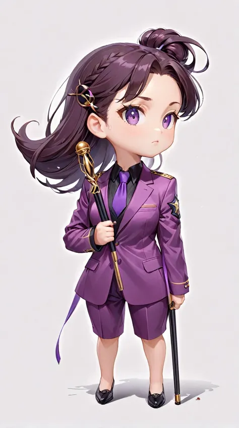 Highest quality、high resolution、High detail、commander、Medium Long Hair、Middle-aged sister、whole body、baton、Purple Suit、Chibi Character