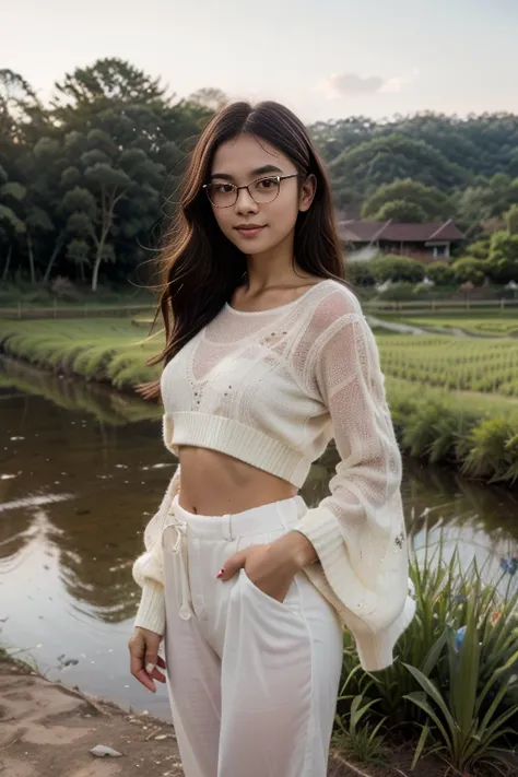 in 80' era, young sweet beautiful bogor city girl standing cheerful on wide rice  field near bogor, descent mixed from sundanese...