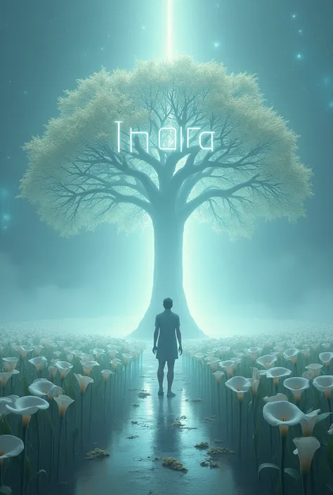 person facing a white glowing tree with their right hand raised. Trail of flowers calla lilies written "indra" in the middle of the image