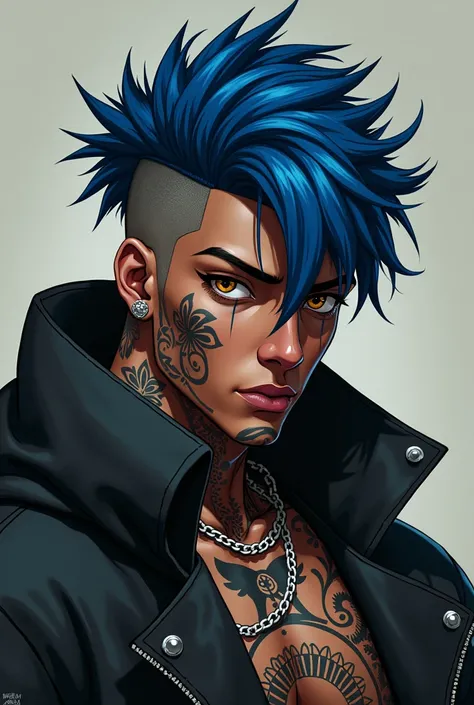 black male, blue disguised hair brown eyes, with a sewing tattoo all over his body .
He wears cyberpunk pants, Adidas sneakers and a Jujutsu Kaisen overcoat. 