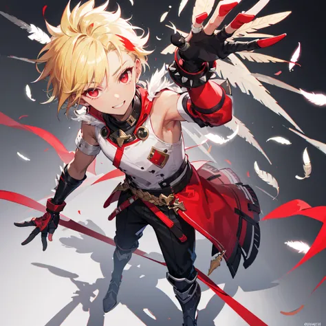 (Best Picture:1.2), (Best Quality:1.3), looking at viewer, grey background, full body, standing, finely detail, detailed face, full of details, highly detailed, 1boy, young boy, feathers, fighter, gauntlets, blonde hair, red eyes, dark skin, short hair, un...