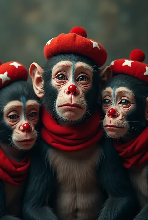 Group of monkeys, crying,  with a face painted as a clown, clown nose, with a red beret with a white star, and a red scarf around his neck.