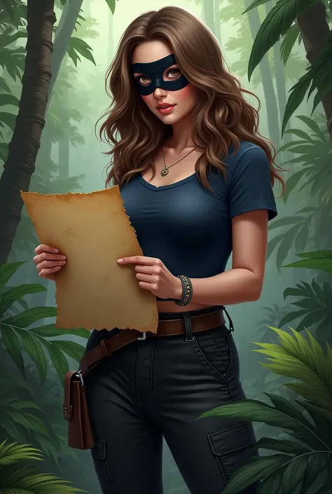 A confident 1 young woman, with wavy light brown hair, Pale skin, brown eyes, curvy hips, wearing black cargo pants and a navy colered tight fitting t shirt, wearing a white mask that covers the whole face, with long black diamonds as the eyes and nothing ...