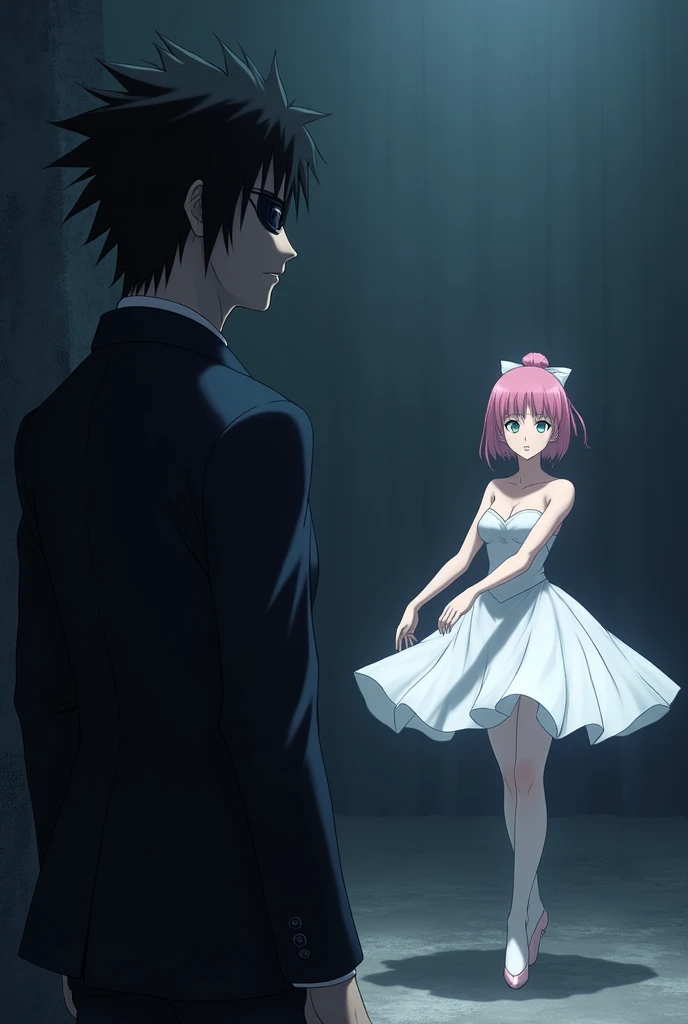 Sasuke Uchiha a 30 year old man with black eyes and hair wearing a dark suit and an eye patch watching from a distance a young woman named Sakura Haruno, 20 years old with green eyes and light pink hair dressed as a ballet dancer 