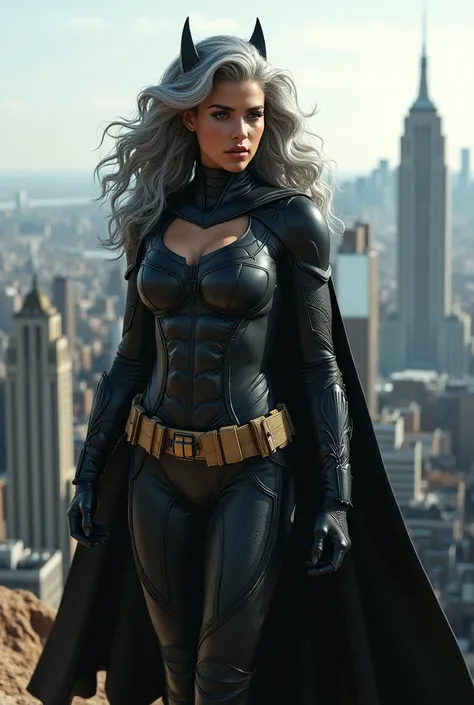 A beautiful youthful looking Hispanic version of a gray haired Ariana Grande as a 50 years old woman with long her completely gray hair in a big curls styles as the superhero batwoman wearing a batwoman costume standing on top of a hill overlooking a big c...