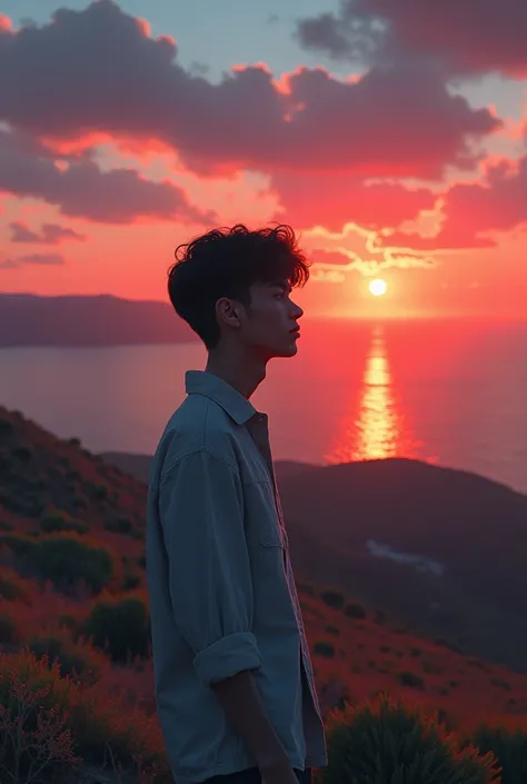 A boy looking at a sunset in aesthetic clothes listening to the album(A summer without you by bad bunny) 