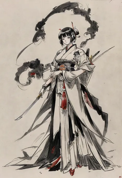 Anime Character Design　Anime Character Reference Sheet　Concept Character　black and white manga style　Taisho Romance　action　Japanese sword　full body woman