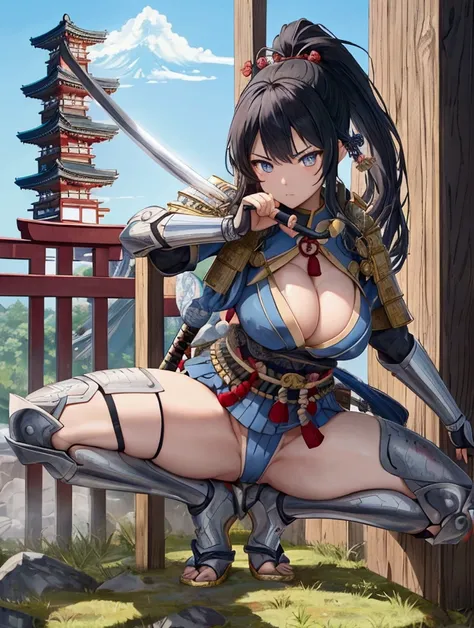 (Japanese women)、(Warrior Princess)、(Goddess of War)、(Black Hair)、(ponytail)、(Old Japanese Armor)、((Holding the Japan sword))、(True to prompts)、(Deluxe)、(Glaring with sharp eyes)、(unrealistic, Oversized breasts),(battlefield)、(grassland)、((A large number o...