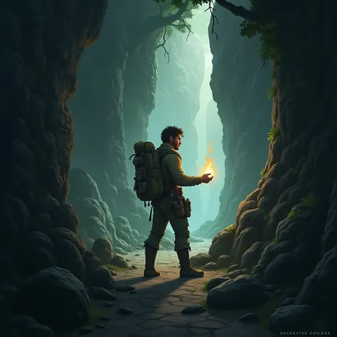 Inside a hidden cave, Kael discovers a glowing magical artifact, his light illuminating the dark cave around him."