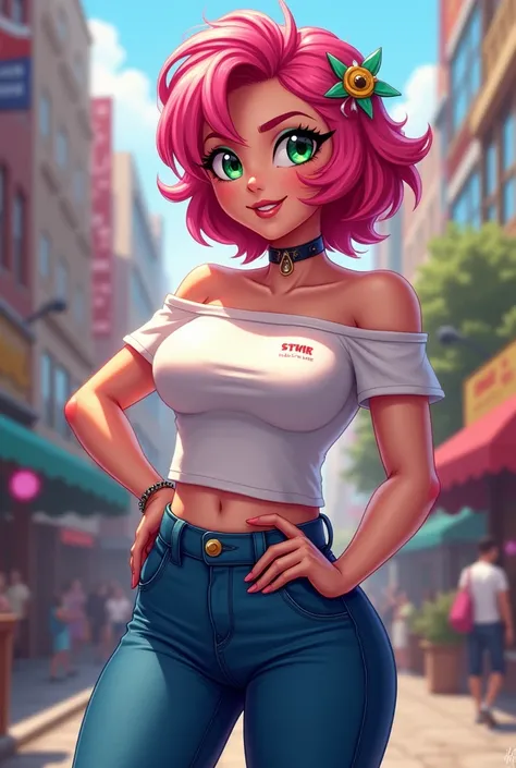 Amy Rose, 1girl, solo, looking at viewer, smile, high-waist pants, hairclip, denim, t-shirt, city background, off-shoulders, big-boobs, exposed-breast