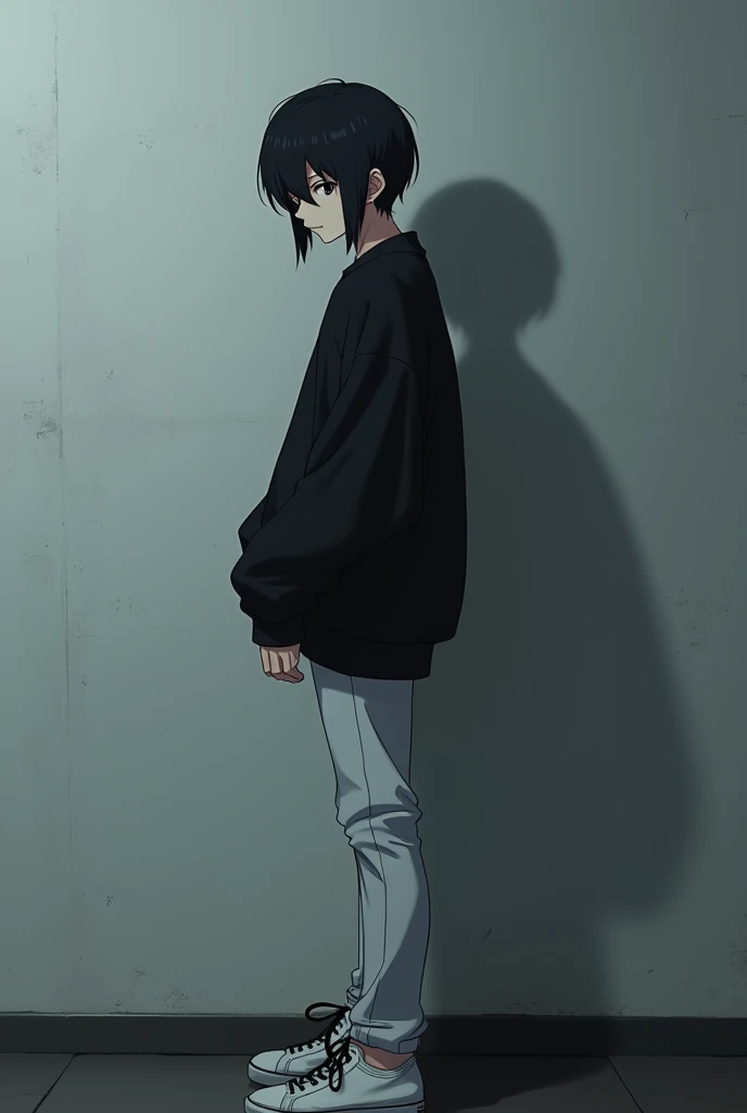 The image is very detailed with shadows and dim anime-style lights, although somewhat gloomy and adult., A 2 man appears in it. He is standing in front of a white wall, He looks almost turned, almost completely on his back, He has medium-long hair and dark...