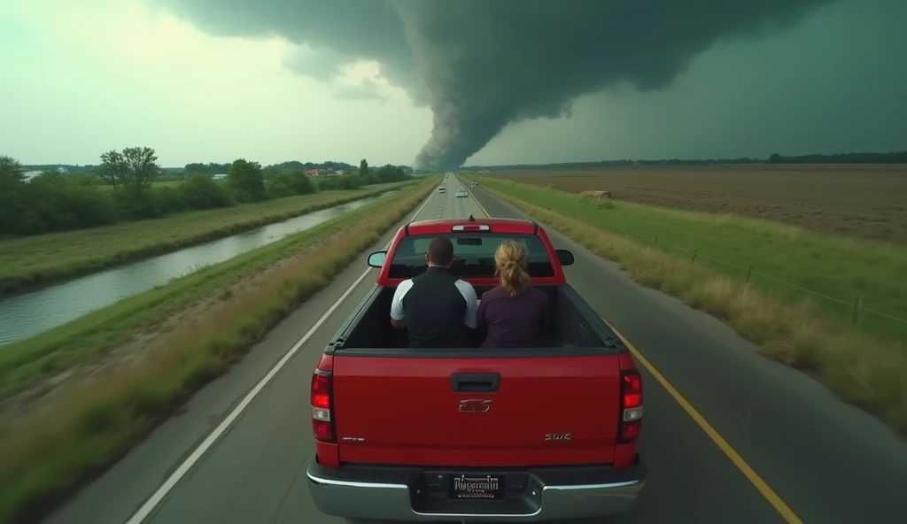 Its a drone footage of a man and a woman in a red pickup truck who try to stop a tornado thats coming to town in a way that destroys a lot of things.