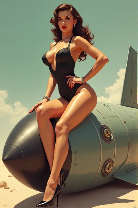 a pinup woman is riding a nuclear with a pose in an vintage artstyle