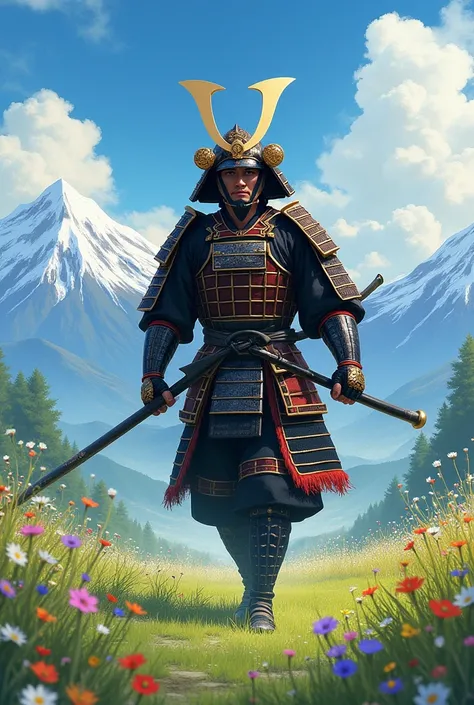 Generate the image of a samurai with naginata, walking through a meadow