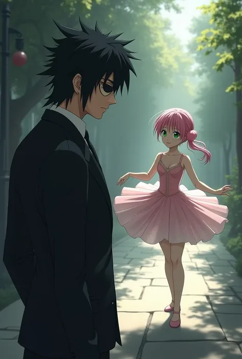 Sasuke Uchiha a 30-year-old man with black eyes and hair wearing a dark suit and an eye patch watching from a distance a young woman named Sakura Haruno, 20 years old with green eyes and light pink hair who is dancing and dressed like a ballet dancer 