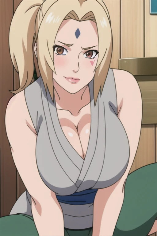 alone focus, alone, close, View your viewers,((pink In underwear)),long knee high boots,(Lips parted:1.2), ((tsunade)), 1 person,((tsunade milf physique)),(Forehead mark ), high twintails,bionde, eye, smile, from the front,Huge breasts,Thick thighs,((Sharp...