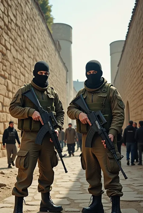 2 Men with Kalashnikovs at the Walls of Diyarbakır People Look at Them from a Distance Diyarbakır Walls
