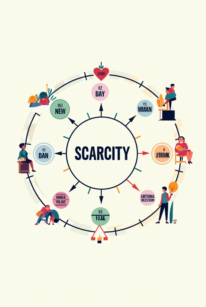 
• Draw a large circle in the center of
the page labeled "Scarcity"
From the "Scarcity" circle, draw
several arrows pointing outwards
towards different paths or boxes
labeled with various choices (e.g.,
"Vacation", "New Gadgets",
"Savings"). Use different ...