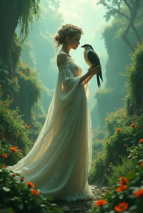 There is a woman standing in the grass with a bird., surreal and fantasy art, Photo manipulation, photo manipulation, surreal art, surreal scene, Fantasy Photography, dramatic artwork, surreal digital artwork, digital art fantasy, emotional surreal art, dr...