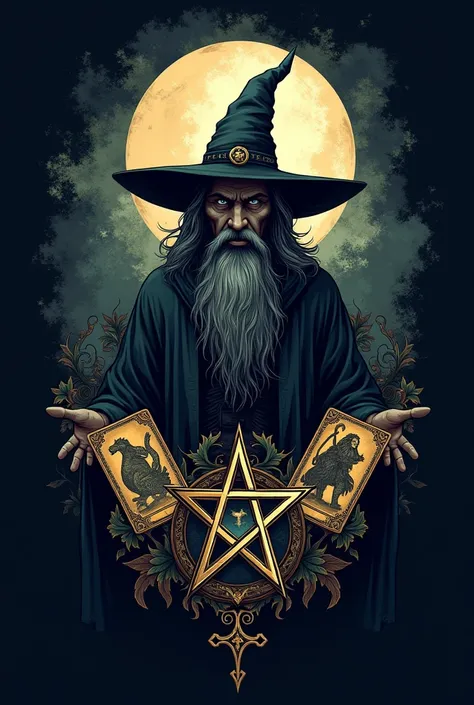 Create a wizard logo with tarot cards and pentagram