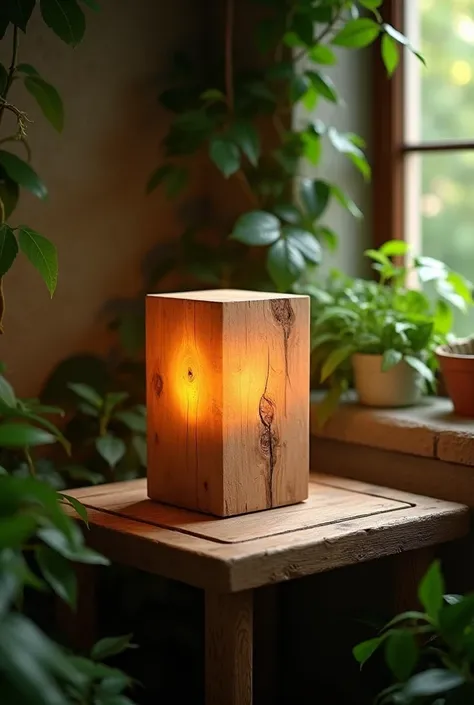 Wooden block lamp, on top of a table, with foliage. 