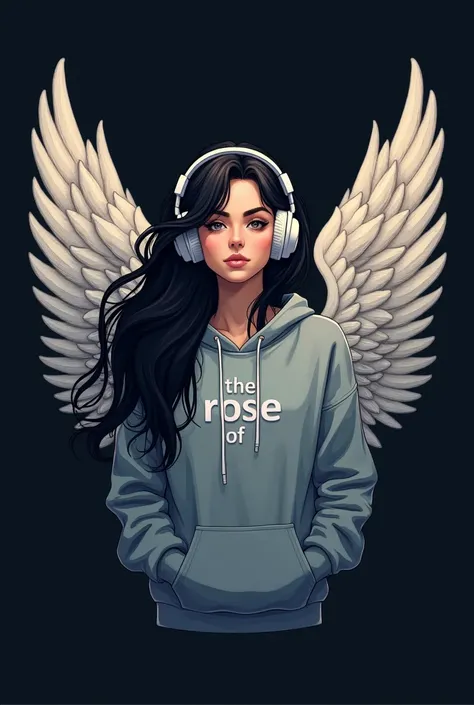  Create a logo where there is a girl with long black hair, brown eyes and a sweatshirt that has big, long angel wings and headphones., and below have the letters  " THE ROSE OF COD"  that the letters stand out very subtly and with the black background
