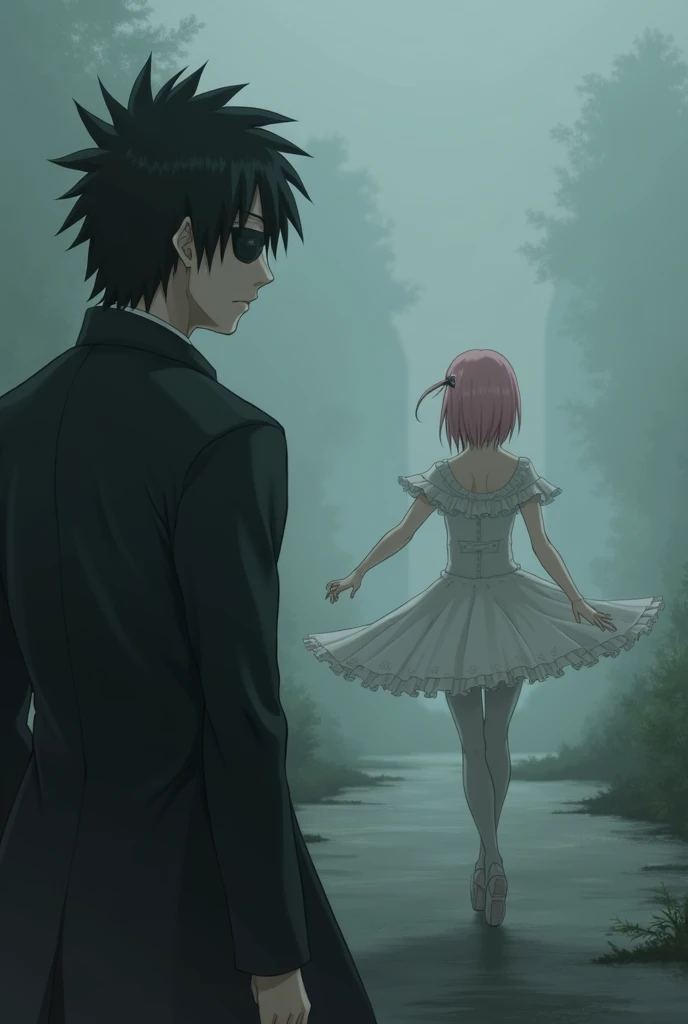 Sasuke Uchiha a 30 year old man with black eyes and hair wearing a dark suit and an eye patch who watches from a distance a ballet dancer named Sakura Haruno with light pink hair and jade green eyes wearing her ballet dress