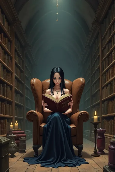 Create an image of the character Nico Robin from One Piece, she is in an old library reading a mysterious book