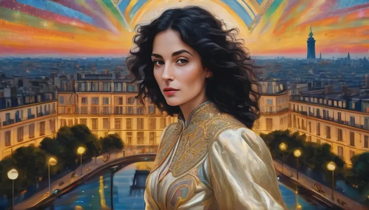 Marie Anne lenormand, white woman with black curly hair caminando sobre las calles de París del siglo 18, muchas personas a su alrededor,Beautiful line art photo，Use gold strokes and rainbow paint，Golden Maiden，the golden ratio，Melted wax，Visible brush str...