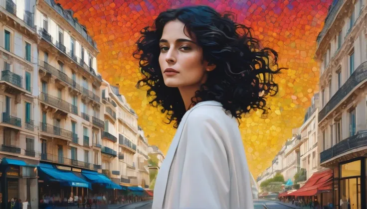 Marie Anne lenormand, white woman with black curly hair caminando sobre las calles de París del siglo 18, muchas personas a su alrededor,Beautiful line art photo，Use gold strokes and rainbow paint，Golden Maiden，the golden ratio，Melted wax，Visible brush str...