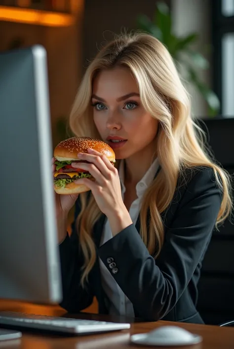 a beautiful girl with long blonde hair, detailed eyes, nose, and lips, wearing professional attire, EATING A HAMBURGERSitting in her office, using your computer, hp computer (Best Quality,4k,8k,High resolution,masterpiece:1.2),ultra detailed,(realist,photo...