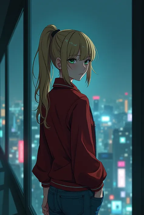 The image is anime style with shadows and dim lights, anime style although somewhat adult and dark, In it, a girl appears standing in front of a glass wall where the futuristic night city can be seen behind her.. The girl is blonde and has a ponytail hairs...