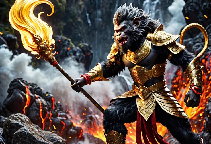 (a powerful warrior son of the Monkey King,Black Myth Wukong,long lush black body hair,ornate golden armor,powerful build,carefree face,mystic quarter staff,tripping a stone giant,laughing,volcano,cinematic,masterpiece,ultra-detailed,4k,dramatic lighting,d...