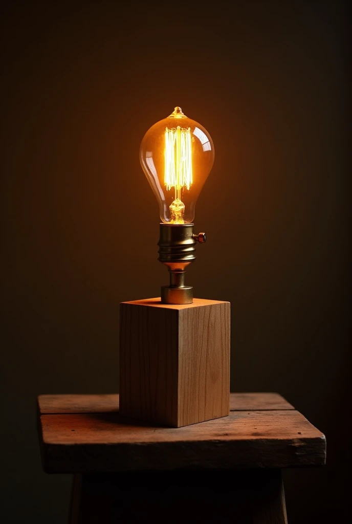 Wooden block lamp, with filament bulb, on top of a table, with dark background.
