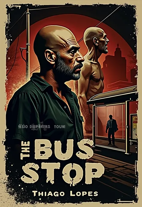 Create vintage poster style art, old movie posters, for the horror story, The Man at the Bus Stop, by the author Thiago Lopes, which tells the story of a bitter, bald bar owner who meets a naked old man at night and discovers that this man is waiting for t...