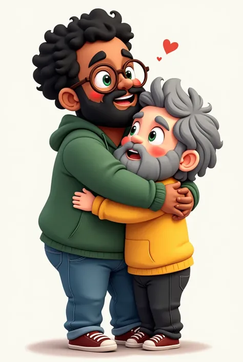  chubby brown guy with short curly black hair, com bigode e scruffy beard, round brown prescription glasses, green sweatshirt and jeans, hugging with short wavy gray hair white, greeneyes, scruffy beard, with yellow sweatshirt and black pants, chibi style
