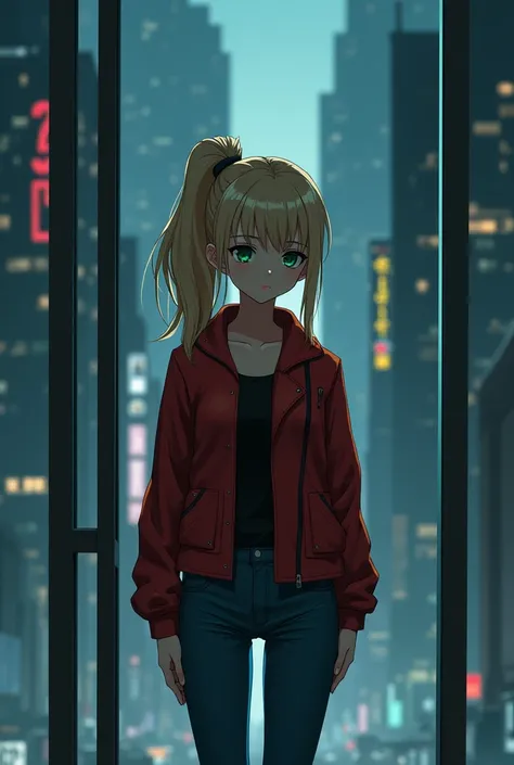 The image is anime style with shadows and dim lights, anime style although somewhat adult and dark, In it, a girl appears standing in front of a glass wall where the futuristic night city can be seen behind her.. The girl is blonde and has a ponytail hairs...