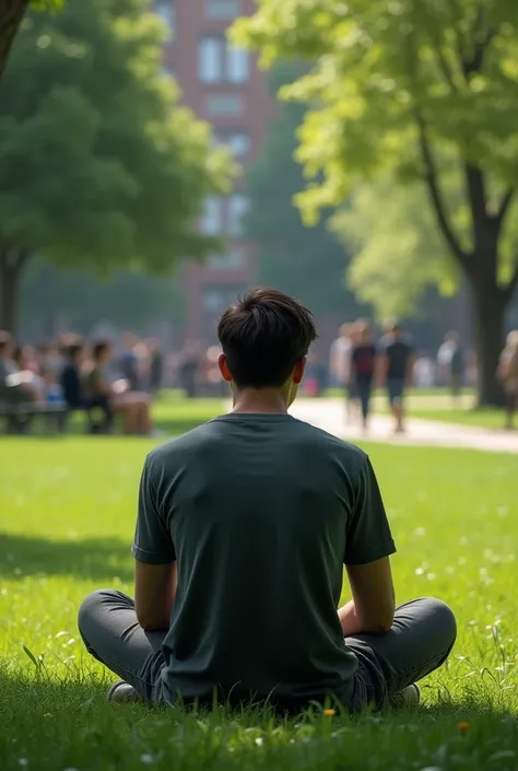 Introspective men, reflexive, sitting on a college park, while people mock him in the background