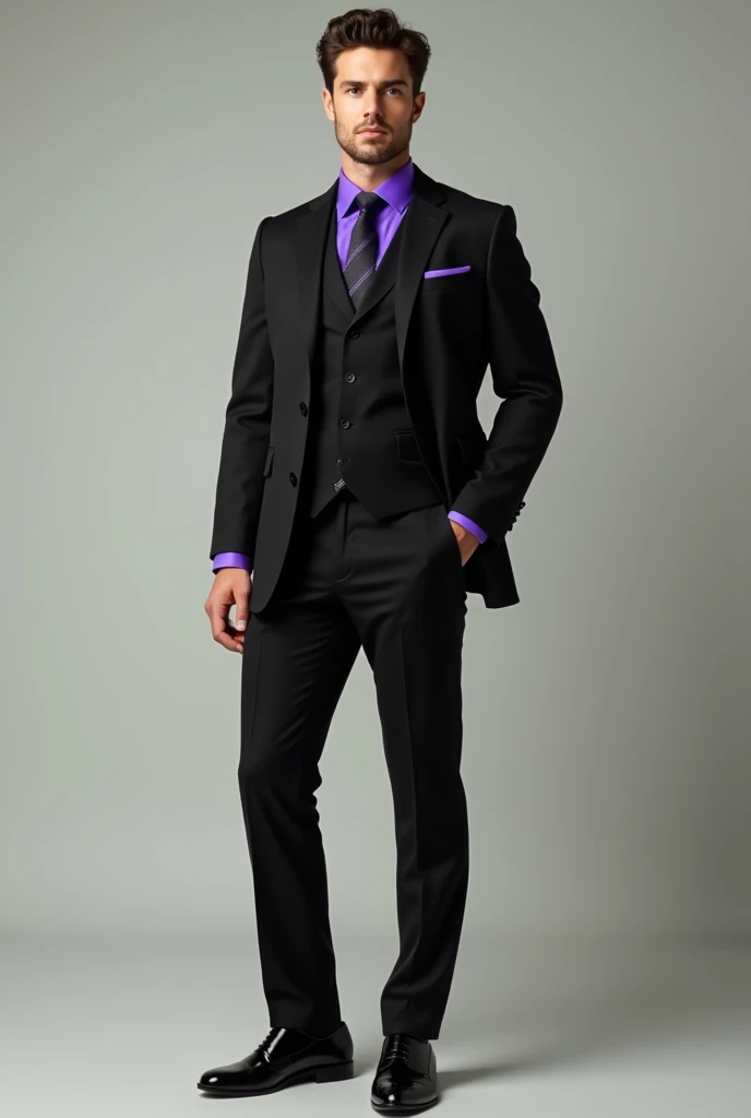 black color coat suit & tie, violet shirt  & black shoe men