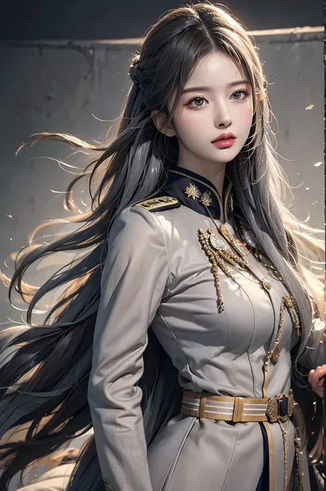 realistic, high resolution, soft lighting, 1 woman, alone, butt up, look at the viewer, (detailed face), gray hair, long hair, military uniform, bijouterie