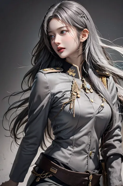 realistic, high resolution, soft lighting, 1 woman, alone, butt up, look at the viewer, (detailed face), gray hair, long hair, military uniform, bijouterie