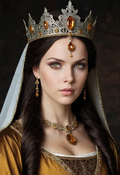 Medieval queen woman, Dark brown hair, amber eyes, beautiful, white.