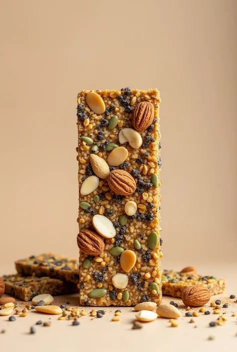 Create a bar that is made of nuts, almonds, pumpkin seeds, chia seeds, but that looks crushed, that is, very ground, but that there is no ND on top.